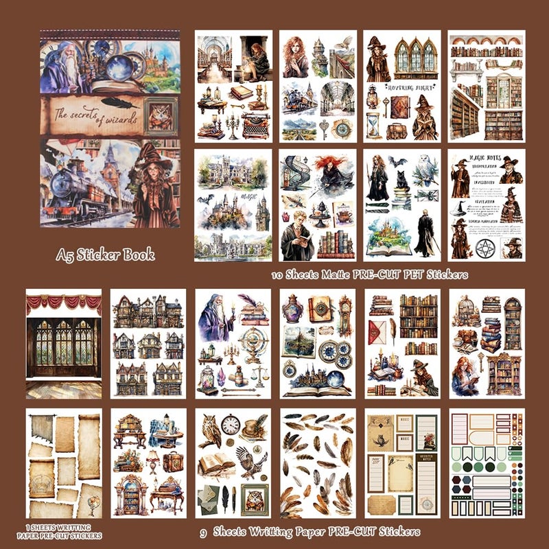 Dwpetzo The Secrets of Wizards Sticker Book for Journaling Collage, 20 Sheets Precut Transparent PET Washi Matte Paper Materials Stickers for Scrapbooking, Junk Journal Supplies, Planner - Image 2