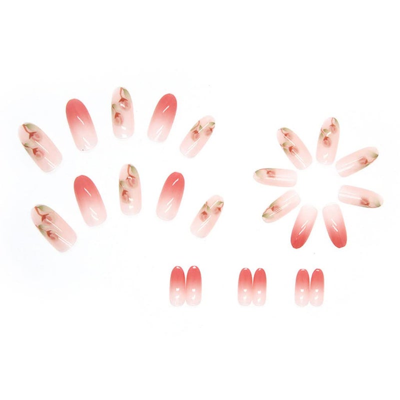 RikView French Tip Press on Nails Medium Stick on Nails Pink Fake Nails Almond Nails for Women with Flowers Design - Image 3