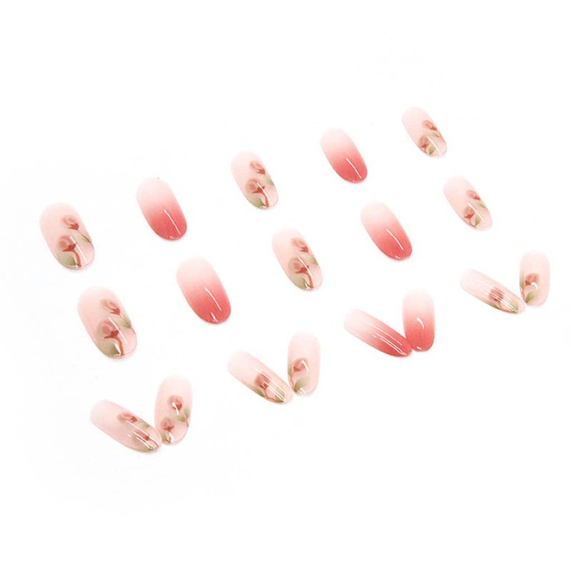 RikView French Tip Press on Nails Medium Stick on Nails Pink Fake Nails Almond Nails for Women with Flowers Design - Image 4