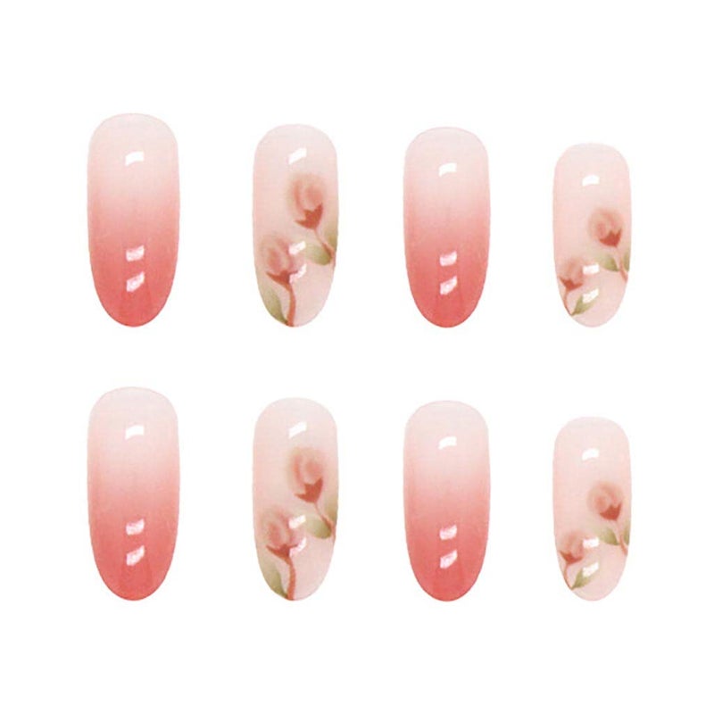 RikView French Tip Press on Nails Medium Stick on Nails Pink Fake Nails Almond Nails for Women with Flowers Design - Image 2