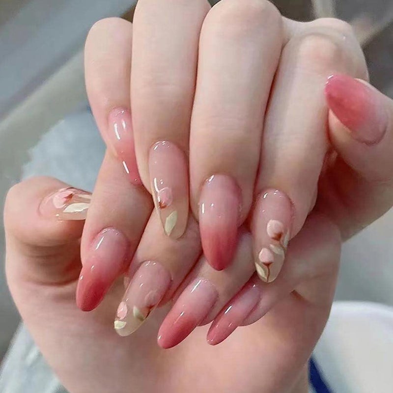 RikView French Tip Press on Nails Medium Stick on Nails Pink Fake Nails Almond Nails for Women with Flowers Design - Image 1