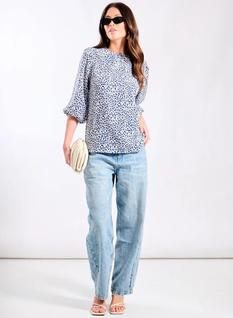 Needs No Label  Blue Animal Puff Sleeve Blouse for Women | Best Price UAE