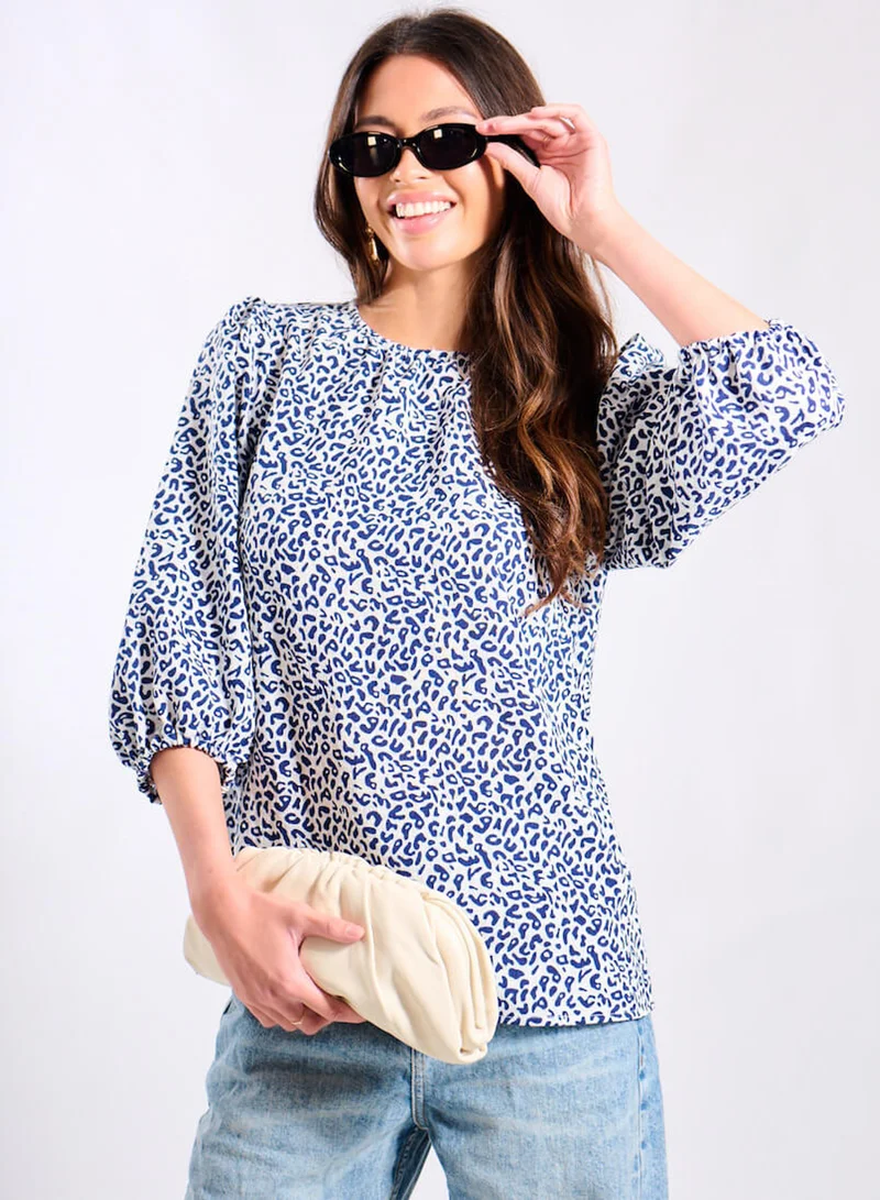 Blue Animal Puff Sleeve Blouse