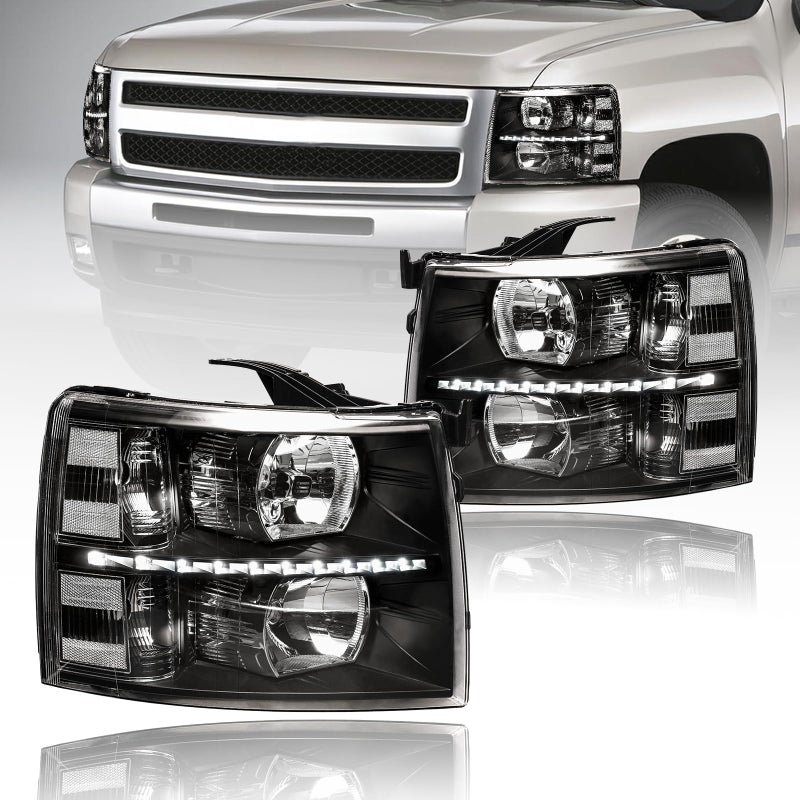 Fullux LED DRL Headlights Assembly fit 07-13 Chevy Silverado 1500 2500HD 3500HD NOT Fit 2007(Old Body) Classic Models Halogen Headlamp Clear Reflector Black Housing - Image 1