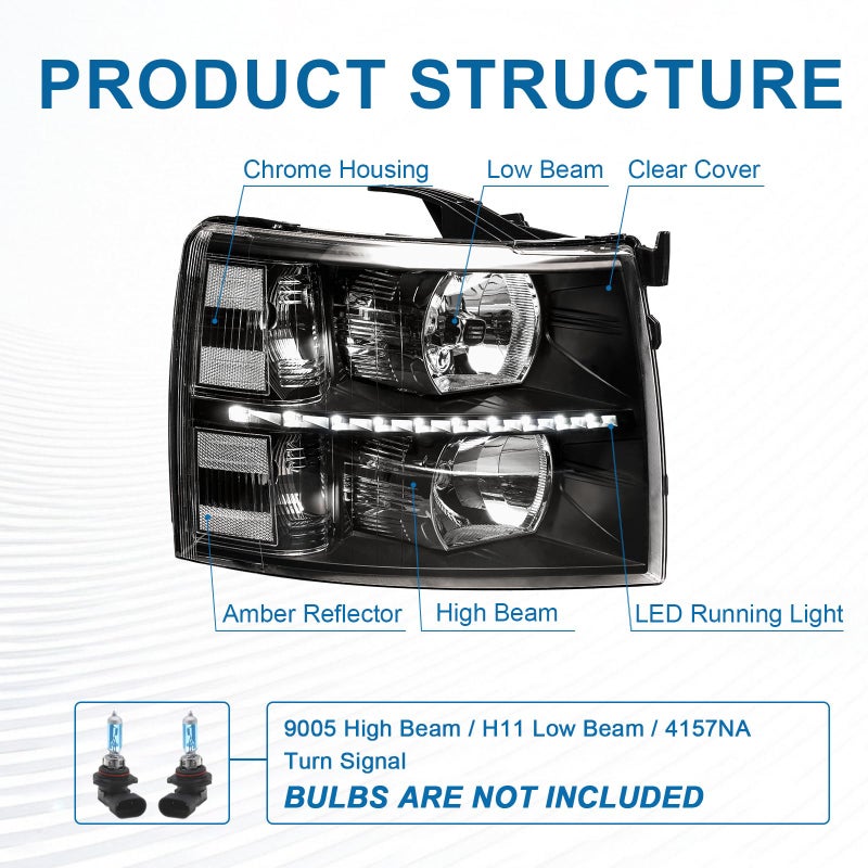 Fullux LED DRL Headlights Assembly fit 07-13 Chevy Silverado 1500 2500HD 3500HD NOT Fit 2007(Old Body) Classic Models Halogen Headlamp Clear Reflector Black Housing - Image 4