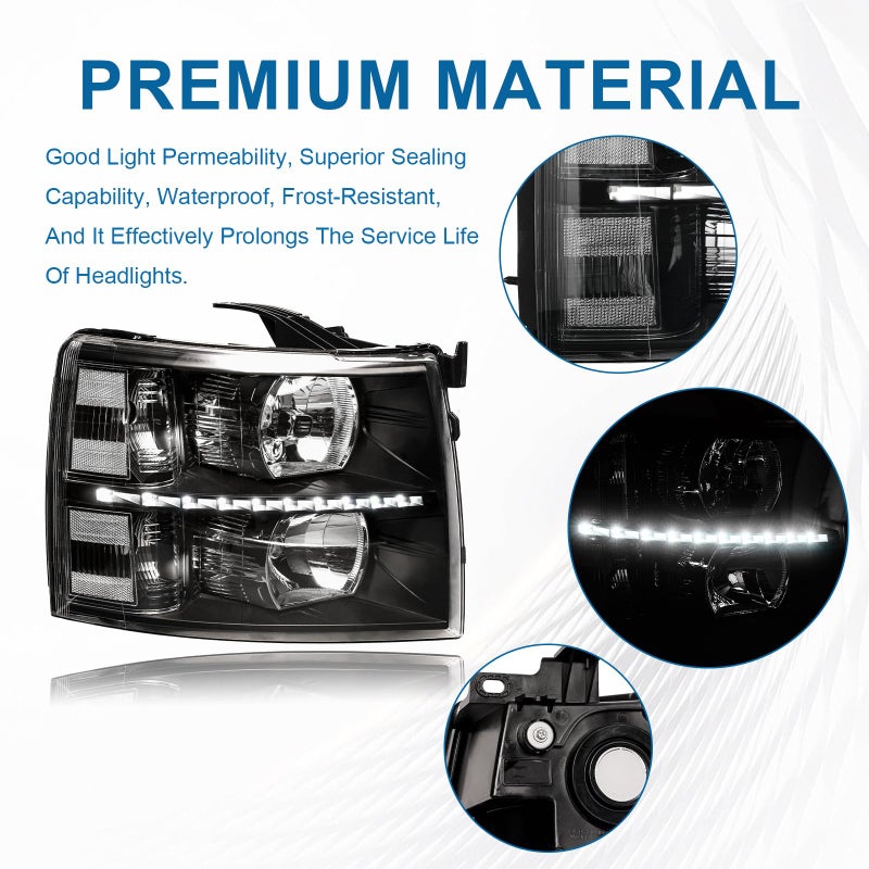Fullux LED DRL Headlights Assembly fit 07-13 Chevy Silverado 1500 2500HD 3500HD NOT Fit 2007(Old Body) Classic Models Halogen Headlamp Clear Reflector Black Housing - Image 3