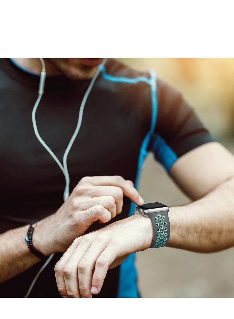 متوافق مع سوار Apple Watch مقاس 42 مم و 44 مم و 45 مم و 46 مم و 49 مم للنساء والرجال، تصميم بفتحات تهوية، حزام رياضي ناعم من السيليكون، متوافق مع iWatch Ultra 3/2/1 Series 11/10/9/8/7/6/5/4/3/2/1 SE 2/1 رمادي/أزرق مخضر - Image 5