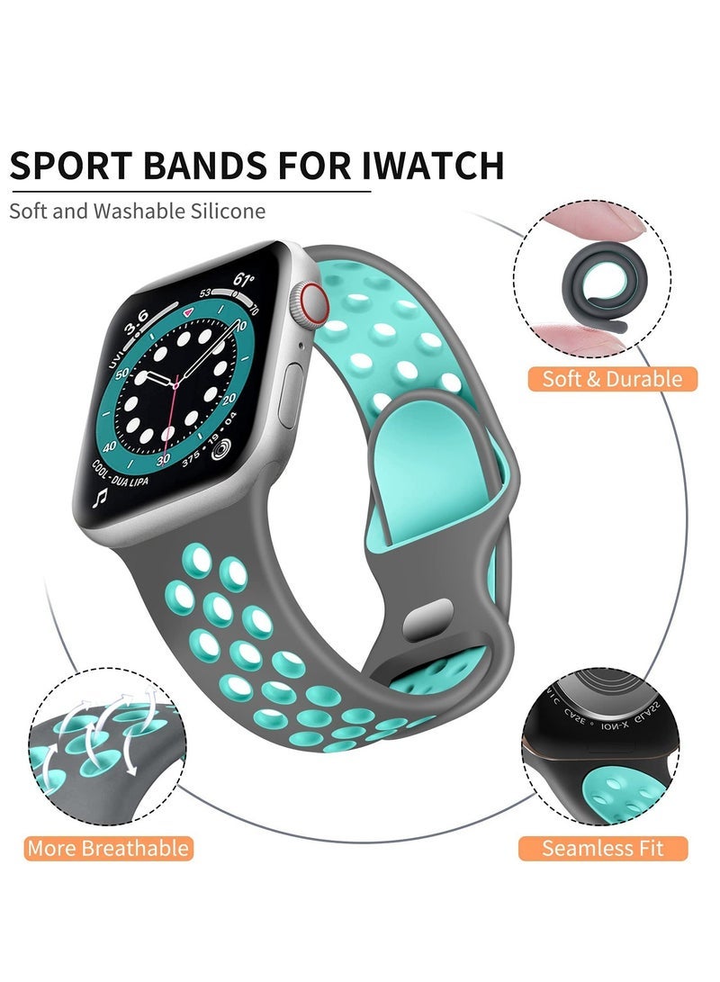 متوافق مع سوار Apple Watch مقاس 42 مم و 44 مم و 45 مم و 46 مم و 49 مم للنساء والرجال، تصميم بفتحات تهوية، حزام رياضي ناعم من السيليكون، متوافق مع iWatch Ultra 3/2/1 Series 11/10/9/8/7/6/5/4/3/2/1 SE 2/1 رمادي/أزرق مخضر - Image 2