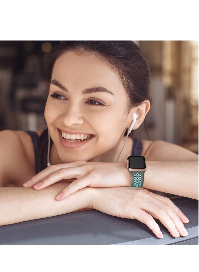 متوافق مع سوار Apple Watch مقاس 42 مم و 44 مم و 45 مم و 46 مم و 49 مم للنساء والرجال، تصميم بفتحات تهوية، حزام رياضي ناعم من السيليكون، متوافق مع iWatch Ultra 3/2/1 Series 11/10/9/8/7/6/5/4/3/2/1 SE 2/1 رمادي/أزرق مخضر - Image 3