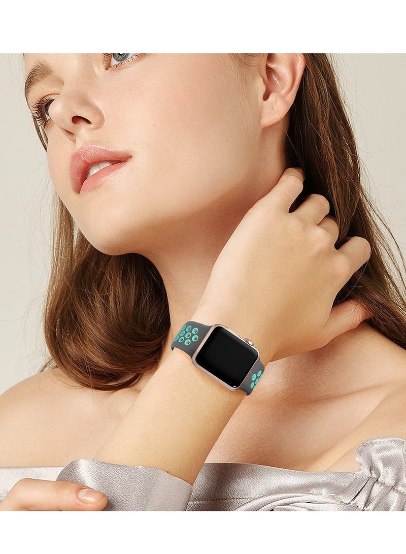 متوافق مع سوار Apple Watch مقاس 42 مم و 44 مم و 45 مم و 46 مم و 49 مم للنساء والرجال، تصميم بفتحات تهوية، حزام رياضي ناعم من السيليكون، متوافق مع iWatch Ultra 3/2/1 Series 11/10/9/8/7/6/5/4/3/2/1 SE 2/1 رمادي/أزرق مخضر - Image 4