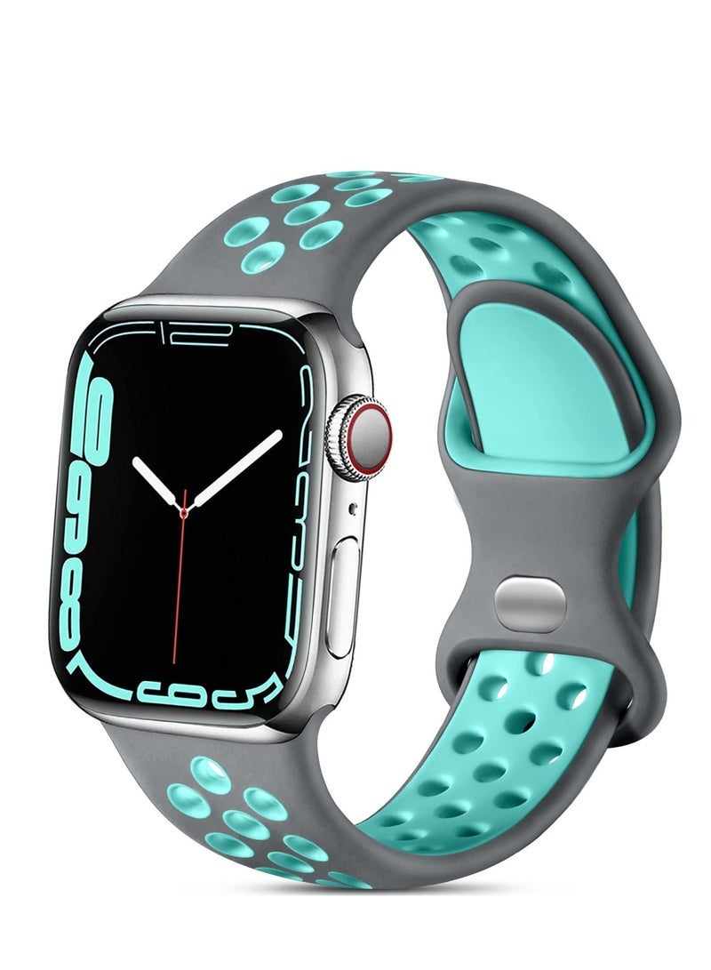 متوافق مع سوار Apple Watch مقاس 42 مم و 44 مم و 45 مم و 46 مم و 49 مم للنساء والرجال، تصميم بفتحات تهوية، حزام رياضي ناعم من السيليكون، متوافق مع iWatch Ultra 3/2/1 Series 11/10/9/8/7/6/5/4/3/2/1 SE 2/1 رمادي/أزرق مخضر - Image 1