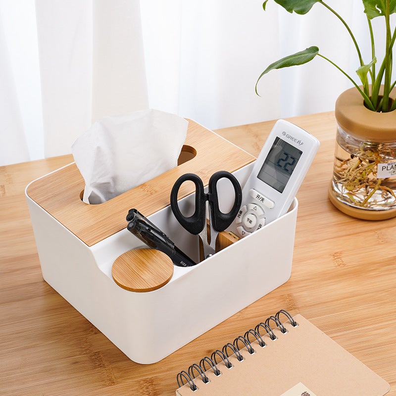 Multifunctional Wooden Desktop Tissue Box for Home Living Room Plastic Remote Control Storage Box Simple Tissue Box Logo(Plastic Cover Storage Tissue Box Blue) - Image 3