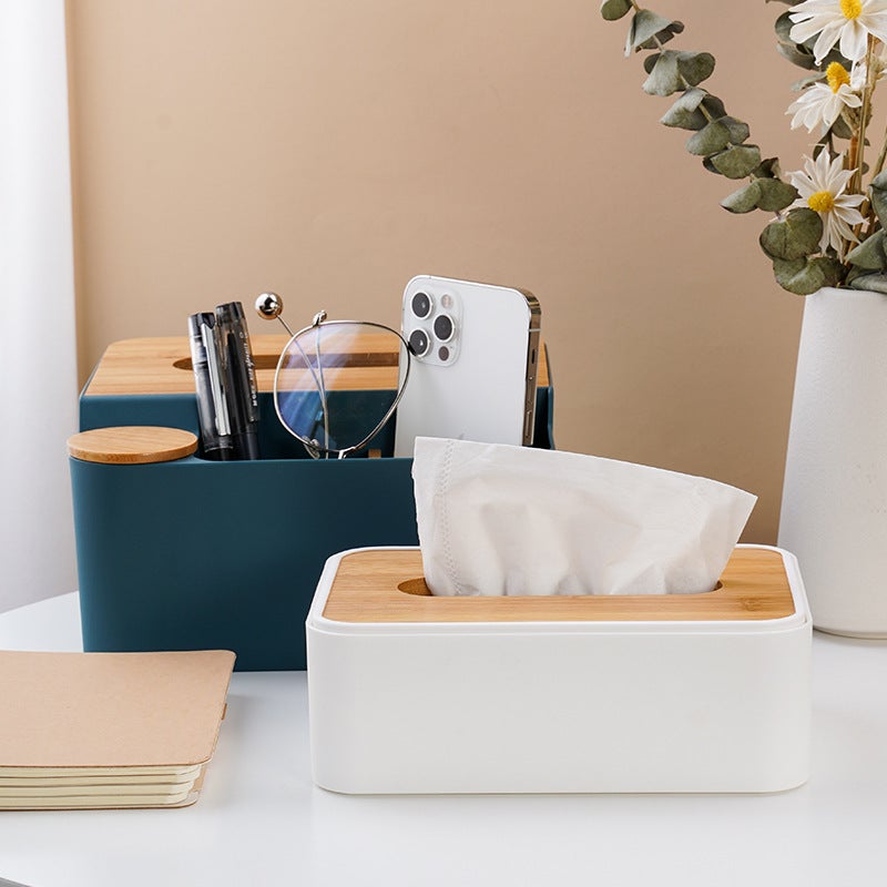 Multifunctional Wooden Desktop Tissue Box for Home Living Room Plastic Remote Control Storage Box Simple Tissue Box Logo(Plastic Cover Storage Tissue Box Blue) - Image 5