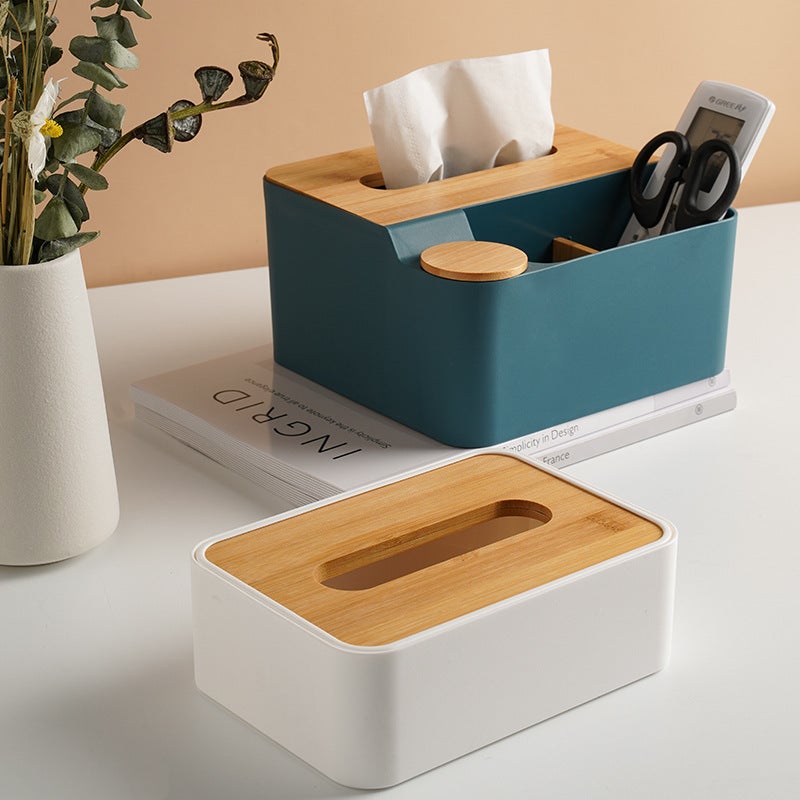 Multifunctional Wooden Desktop Tissue Box for Home Living Room Plastic Remote Control Storage Box Simple Tissue Box Logo(Plastic Cover Storage Tissue Box Blue) - Image 2