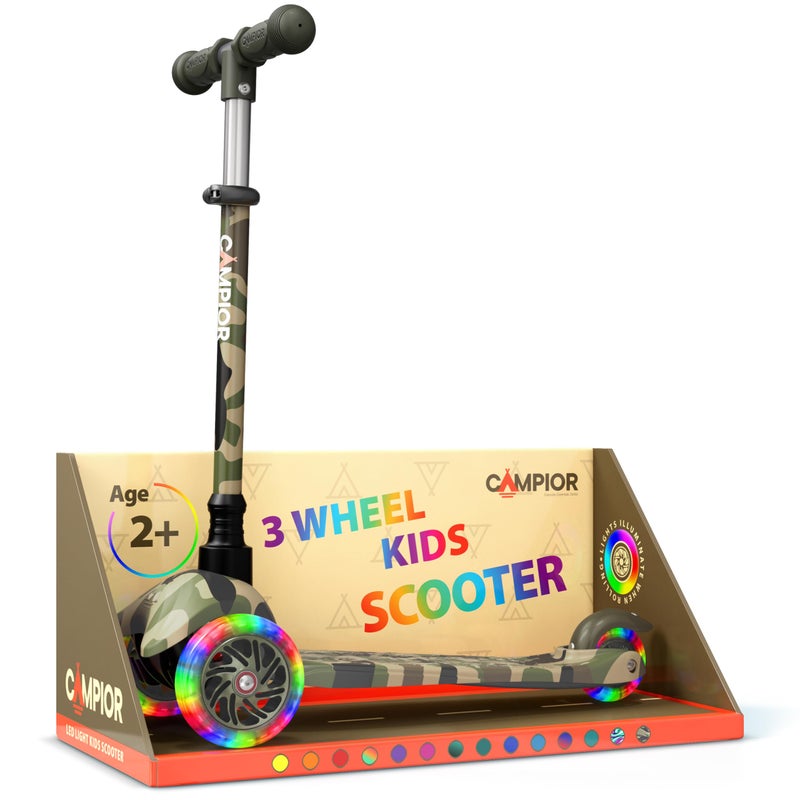 Campior Camo Mini 3 Wheel Scooter for Kids â€“ Lean-to-Steer with LED Light-Up Wheels, Adjustable Handlebar, Wide Anti-Slip Deck, Smooth PU Wheels, Rear Foot Brake â€“ Toddler Scooter for Ages 2+ - Image 1