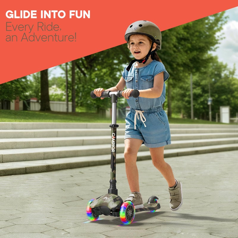 Campior Camo Mini 3 Wheel Scooter for Kids â€“ Lean-to-Steer with LED Light-Up Wheels, Adjustable Handlebar, Wide Anti-Slip Deck, Smooth PU Wheels, Rear Foot Brake â€“ Toddler Scooter for Ages 2+ - Image 3