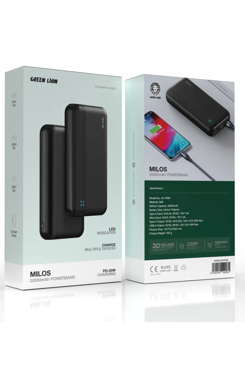 GREEN LION 20000 mAh Milos Power Bank / PD20W Fast Charger Powerbank 20000mAh / LED Indicator / Charge Multiple Devices / Micro/USB-A/USB-C Port / Compact & Slim Design / Lithium Polymer Battery Type - Black - Image 3