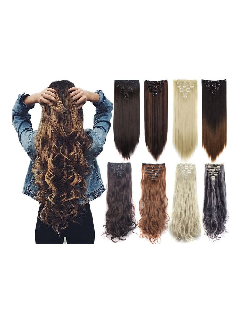 إستيل Estelle 7 قطع 16 مشابك 23-24 بوصة سميكة مجعد مستقيم كامل الرأس في على لحمة مزدوجة وصلات شعر بني متوسط - Image 3