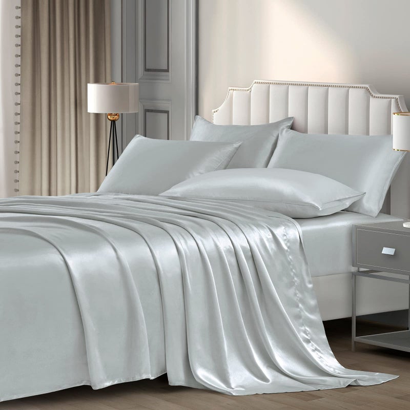 مجموعة ملاءات سرير ساتان فاخرة من PD Pothuiny 6 قطع للملكة رمادي فضي 1 ملاءة مشدودة 1 ملاءة مسطحة 4 غطاء وسادة
