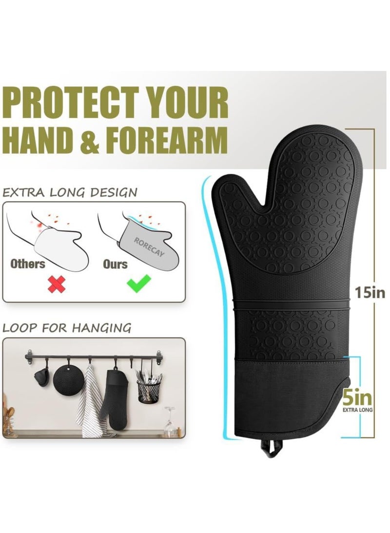 Relex Extra Long Oven Mitts and Pot Holders Sets, Oven Mitts and Hot Pads Sets, Heat Resistant Silicone Oven Mittens with Mini Oven Gloves and Hot Pads Potholders for Cooking Baking (Black)  - Image 2