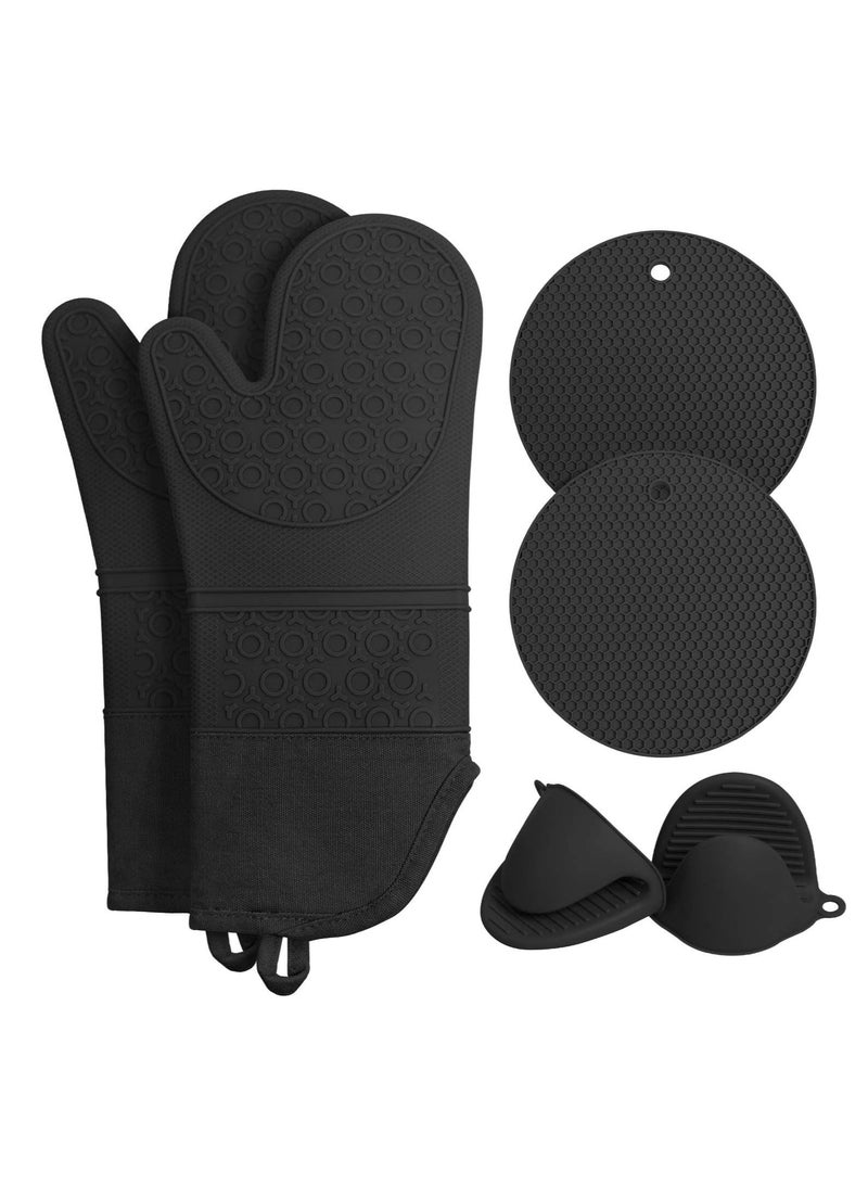 Relex Extra Long Oven Mitts and Pot Holders Sets, Oven Mitts and Hot Pads Sets, Heat Resistant Silicone Oven Mittens with Mini Oven Gloves and Hot Pads Potholders for Cooking Baking (Black)  - Image 1