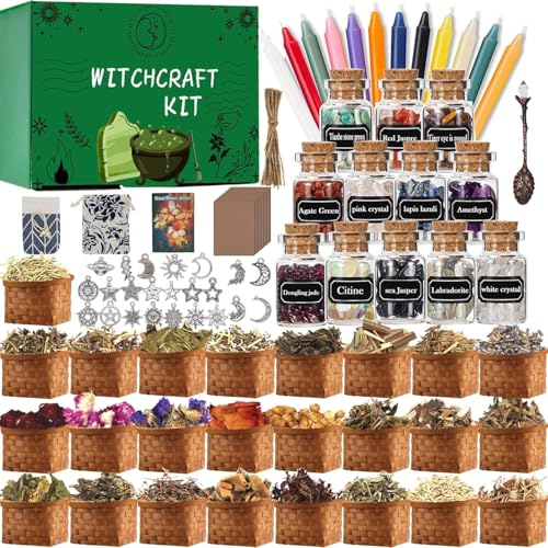 IRmm Witchcraft Supplies Kit 85 PCS Wiccan Supplies and Tools Include Dried Herbs Crystal Jars Colored Candles and Parchments for Beginners Witches Pagan Altar Decor - Image 1