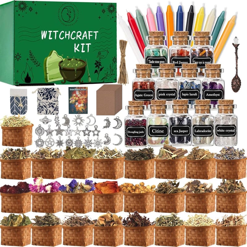 IRmm Witchcraft Supplies Kit 85 PCS Wiccan Supplies and Tools Include Dried Herbs Crystal Jars Colored Candles and Parchments for Beginners Witches Pagan Altar Decor - Image 2