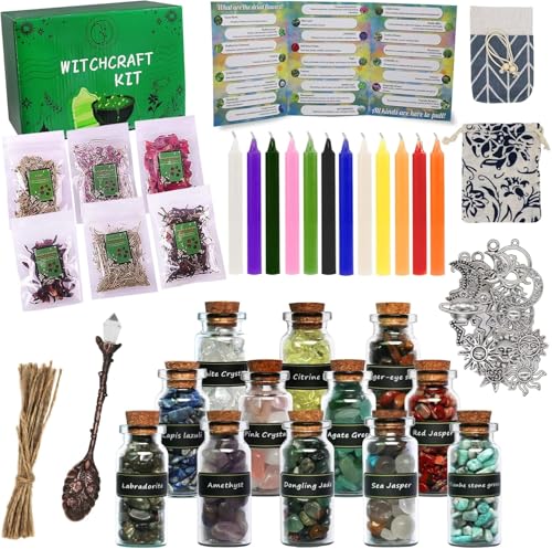 IRmm Witchcraft Supplies Kit 85 PCS Wiccan Supplies and Tools Include Dried Herbs Crystal Jars Colored Candles and Parchments for Beginners Witches Pagan Altar Decor - Image 3