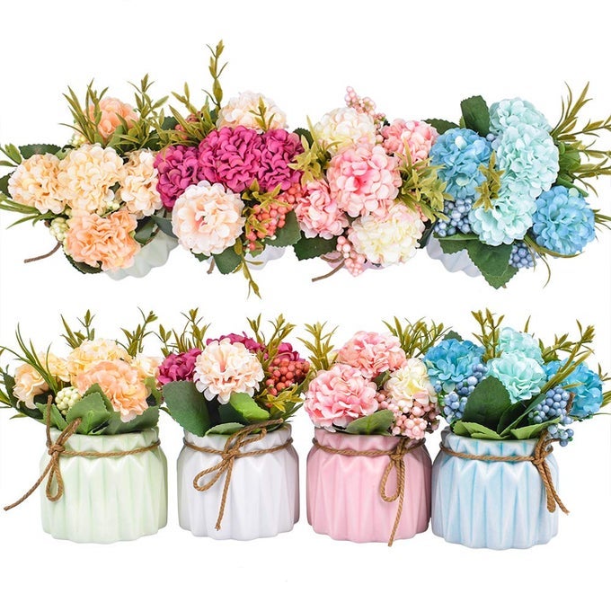 Artificial Flower Plants Mini Fake Hydrangea Flowers in Pot for Home Decor Party Wedding Office Patio Table Desk Decoration Set of 4 33D x 55H