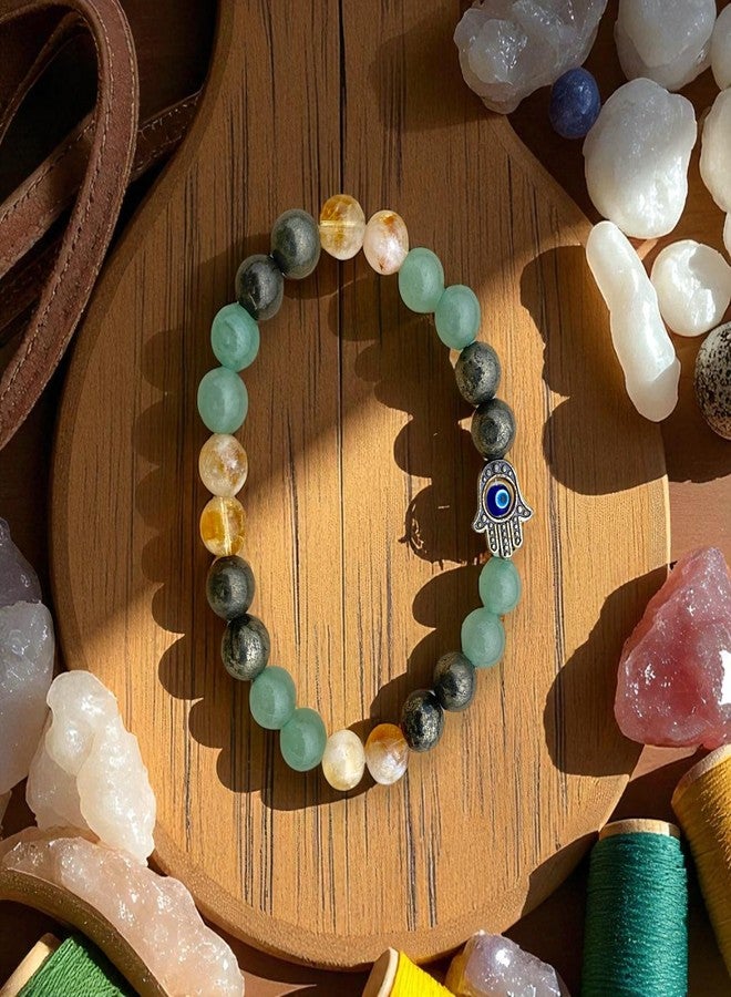POSHIO® Money Magnet Bracelet Pyrite, Citrine and Green Aventurine with Evil Eye| Natural Crystals For Men & Women, Bead size 8mm - Image 3