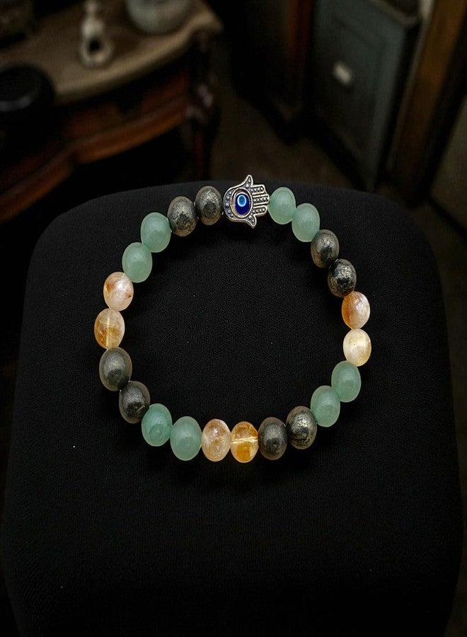 POSHIO® Money Magnet Bracelet Pyrite, Citrine and Green Aventurine with Evil Eye| Natural Crystals For Men & Women, Bead size 8mm - Image 4