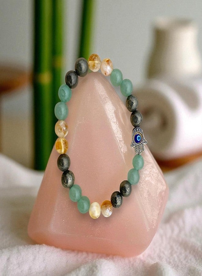 POSHIO® Money Magnet Bracelet Pyrite, Citrine and Green Aventurine with Evil Eye| Natural Crystals For Men & Women, Bead size 8mm - Image 2