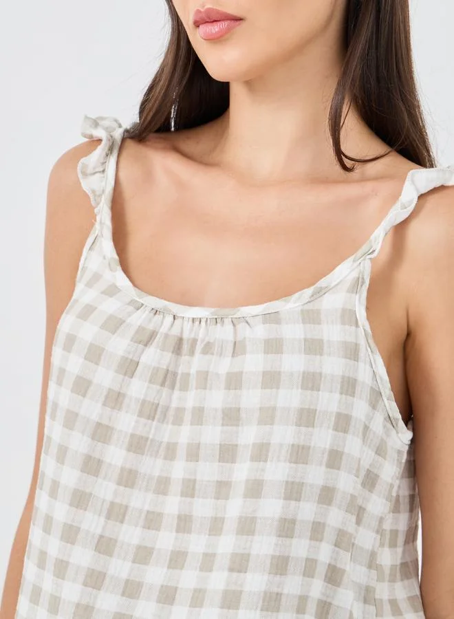 Styli Styli Gingham Cotton Gauze Ruffle Shoulder Cami and Pyjama Set