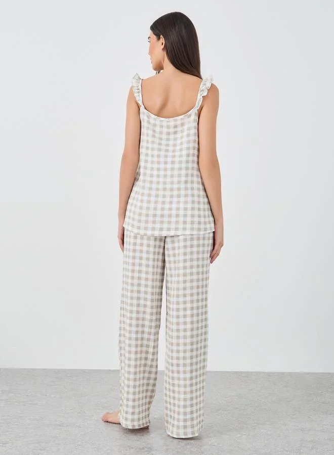 Styli Styli Gingham Cotton Gauze Ruffle Shoulder Cami and Pyjama Set