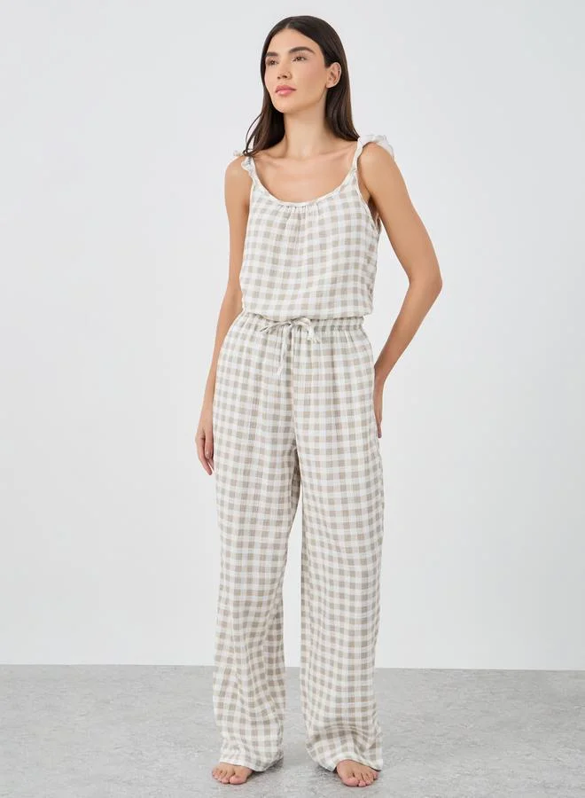 ستايلي Styli Gingham Cotton Gauze Ruffle Shoulder Cami and Pyjama Set
