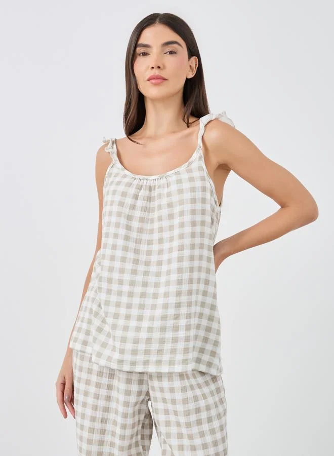 Styli Styli Gingham Cotton Gauze Ruffle Shoulder Cami and Pyjama Set
