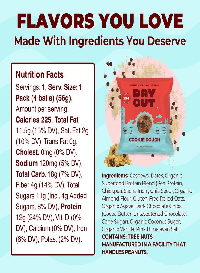 Day Out Protein Snack Balls | Cookie Dough 8 Pack Snack Bites | Gluten-Free, Dairy-Free, Vegan Treat | Convenient Ready to Eat Healthy Dessert Energy Bites | Includes 8 x 2oz Packs (16oz Total) | 12g Protein - Image 2