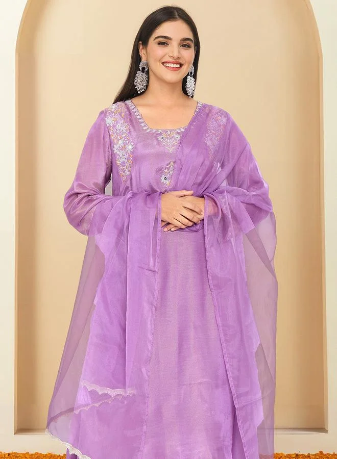 ISHIN  Women's Lilac Polyester Printed Tunic Top With Ankle Palazzo Flared 3 Peice Kurta Set for Women | Best Price UAE