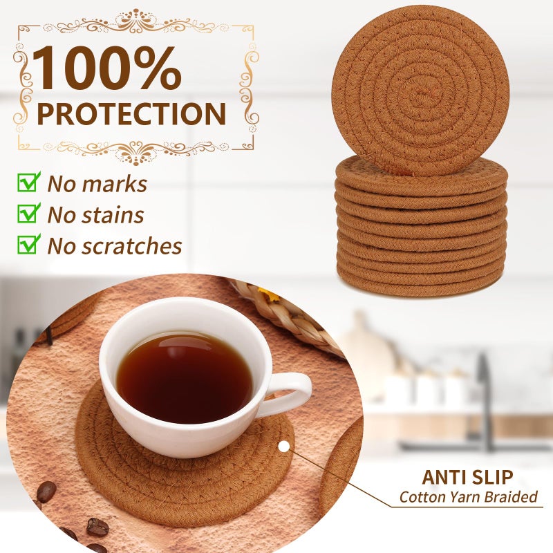 McKanti 10 Pack Drink Coasters مع حاملات مصممة للاستيعاب من أجل طاولة القهوة ، وهي السفينة المنسوجة القطن المنسوجة الحد الأدنى لحماية ديكور المنزل مناسبة لأنواع من الكؤوس 4.3 بوصات. - Image 5
