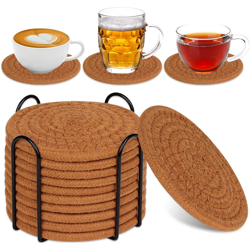McKanti 10 Pack Drink Coasters مع حاملات مصممة للاستيعاب من أجل طاولة القهوة ، وهي السفينة المنسوجة القطن المنسوجة الحد الأدنى لحماية ديكور المنزل مناسبة لأنواع من الكؤوس 4.3 بوصات. - Image 1