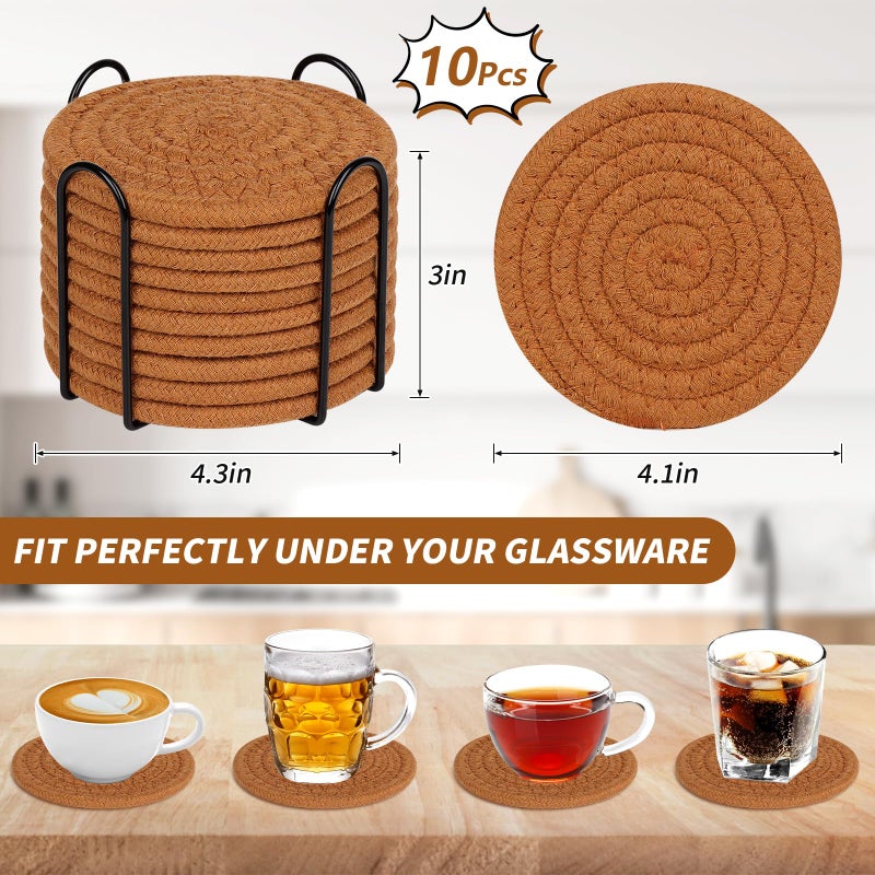 McKanti 10 Pack Drink Coasters مع حاملات مصممة للاستيعاب من أجل طاولة القهوة ، وهي السفينة المنسوجة القطن المنسوجة الحد الأدنى لحماية ديكور المنزل مناسبة لأنواع من الكؤوس 4.3 بوصات. - Image 2