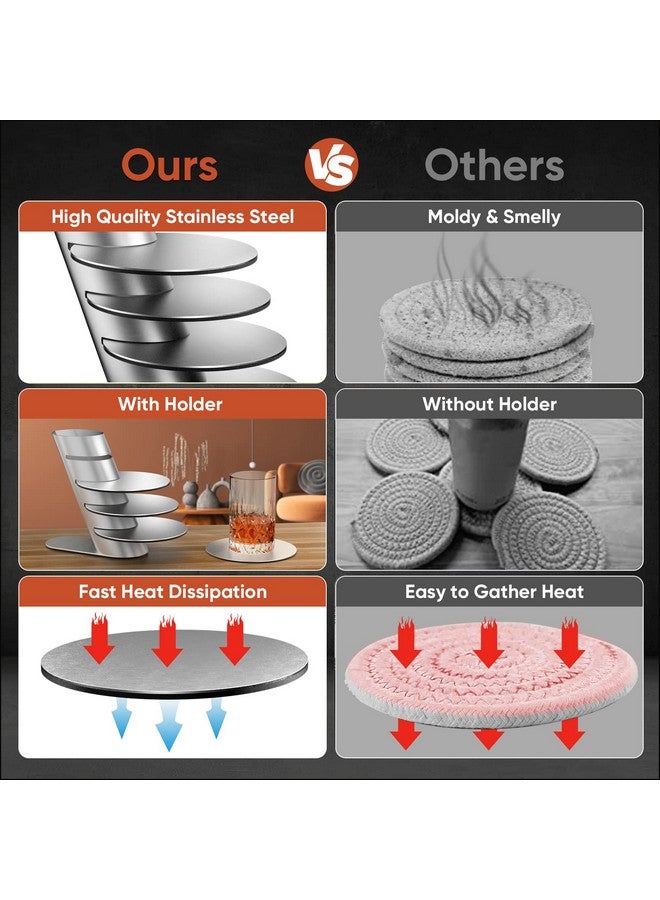 Newness Cup Coasters Newness Cup Coasters Set With Decorative Rack Stainless Steel Tabletop Display Round Cup Coaster With Holder Silver Set Of 4 - Image 4