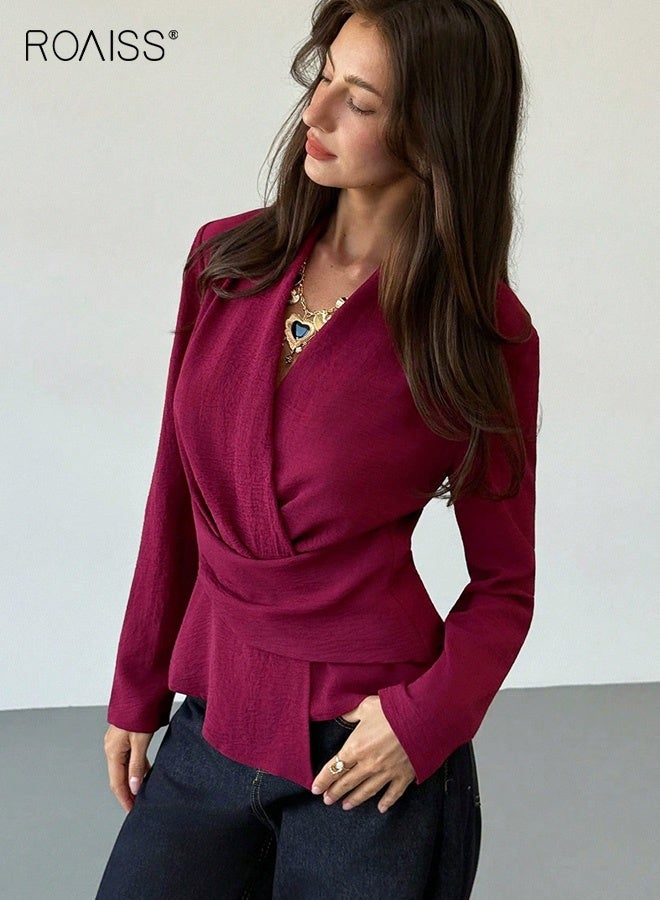 roaiss Women's Solid Color Long-Sleeved Shirt Slimming Ice Silk Wrinkled Shirt V-Neck Slim Waist and Elegant Top Solid Color Irregular Pullover with Zipper Daily Office Wear Claret - Image 5