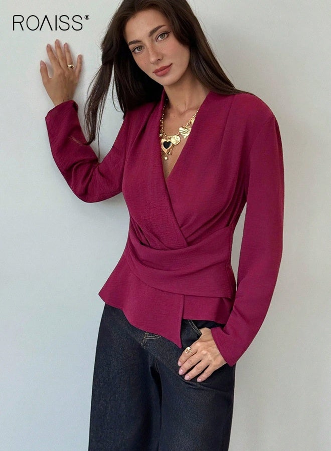 roaiss Women's Solid Color Long-Sleeved Shirt Slimming Ice Silk Wrinkled Shirt V-Neck Slim Waist and Elegant Top Solid Color Irregular Pullover with Zipper Daily Office Wear Claret - Image 3