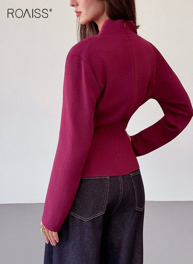 roaiss Women's Solid Color Long-Sleeved Shirt Slimming Ice Silk Wrinkled Shirt V-Neck Slim Waist and Elegant Top Solid Color Irregular Pullover with Zipper Daily Office Wear Claret - Image 4