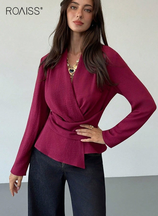 roaiss Women's Solid Color Long-Sleeved Shirt Slimming Ice Silk Wrinkled Shirt V-Neck Slim Waist and Elegant Top Solid Color Irregular Pullover with Zipper Daily Office Wear Claret - Image 2