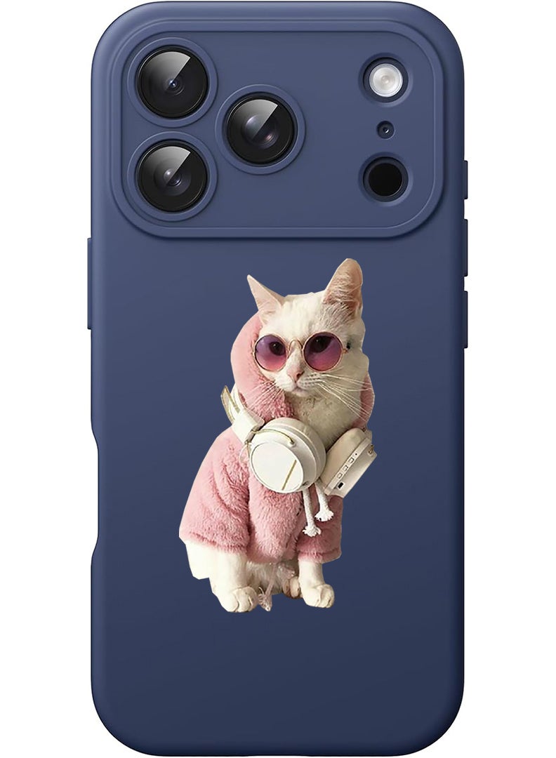 Theodor Protective Slim Fit Case Liquid Silicone Cover with Full Body Protection Anti-Scratch Shockproof Case For Apple iPhone 17 Pro Max (Blue) White Cat - Image 1