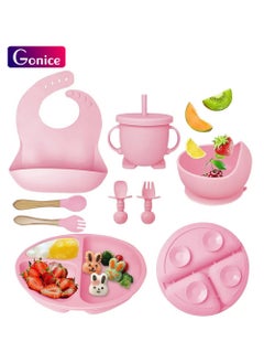 Gonice Baby Feeding Set, Baby Led Weaning Supplies with Suction Bowl Divided Plate, Toddler Self Feeding Dish Set with Spoons Forks Sippy Cup Adjustable Bib, Eating Utensils for 6+ Months (Pink)  - Image 1
