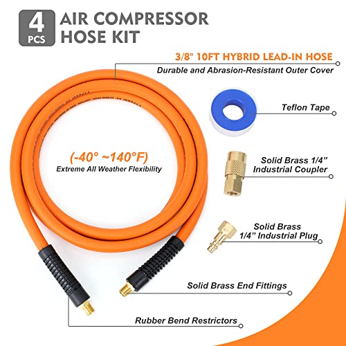 FYPower Air Compressor Whip Hose 3/8 Inch x 10 Feet Lead in Hybrid Hose with Fittings, Flexible and Kink Resistant, 1/4" Industrial Quick Coupler and Plug Kit - Image 2