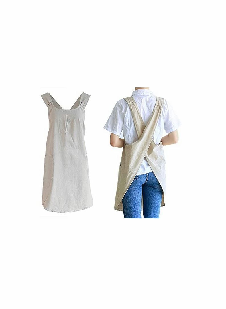 Y&D Soft Cotton Linen Apron Cross Back X-Shaped Japanese Style Pinafore Dress for Cooking, Housewarming, Daily Chores (Khaki) - Image 1